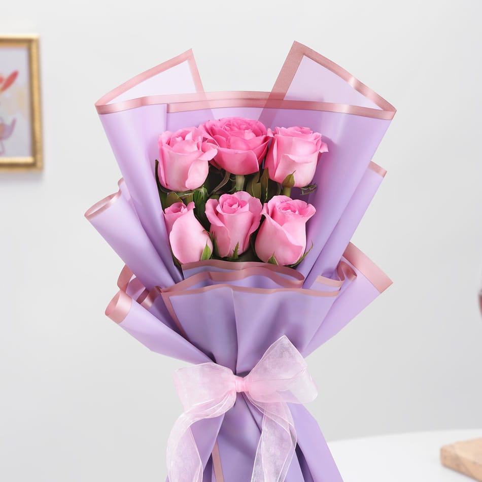 Pink Rose Bouquet with Purple Wrapping