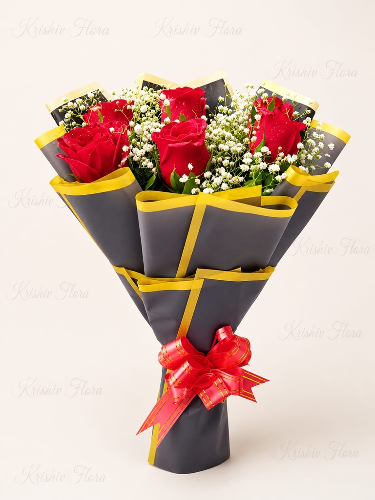 Black & Gold Elegant Red Rose Bouquet